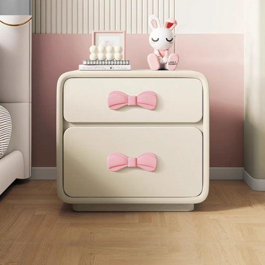Modern Art Deco Rectangular Bowknot Solid Wood Kids Nightstand 2-Drawer For Bedroom