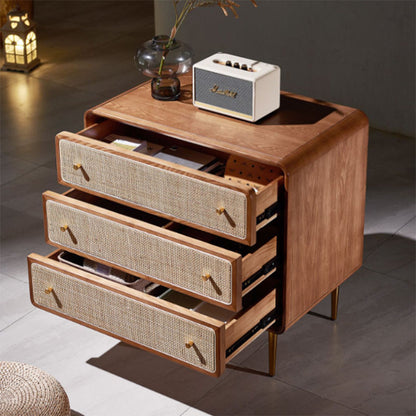 Contemporary Scandinavian Large Capacity Rectangular Ash Wood Solid Wood Multi-Layer Board Rattan Weaving Storage Cabinet 3-Drawer For Bedroom