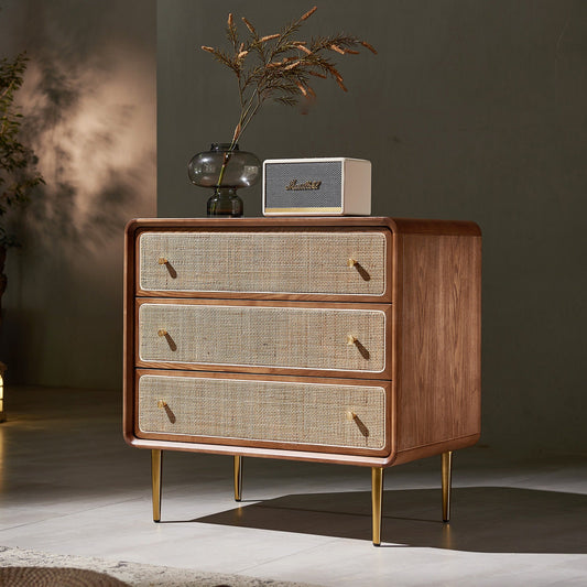 Contemporary Scandinavian Large Capacity Rectangular Ash Wood Solid Wood Multi-Layer Board Rattan Weaving Storage Cabinet 3-Drawer For Bedroom