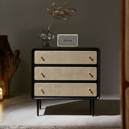 Contemporary Scandinavian Large Capacity Rectangular Ash Wood Solid Wood Multi-Layer Board Rattan Weaving Storage Cabinet 3-Drawer For Bedroom