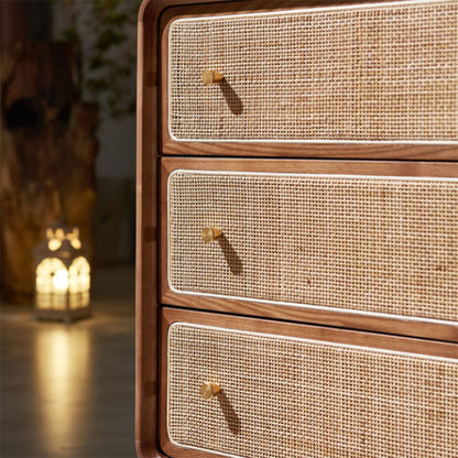 Contemporary Scandinavian Large Capacity Rectangular Ash Wood Solid Wood Multi-Layer Board Rattan Weaving Storage Cabinet 3-Drawer For Bedroom