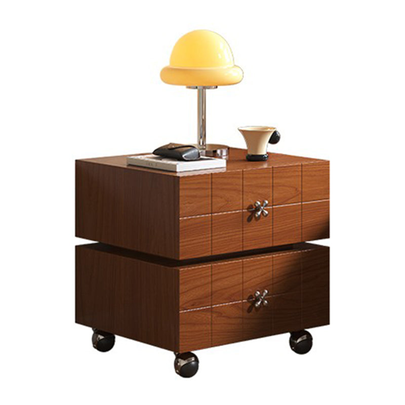 Traditional Vintage Rotatable Rectangular Pine Wood Stainless Steel Movable Nightstand 2-Drawer For Bedroom
