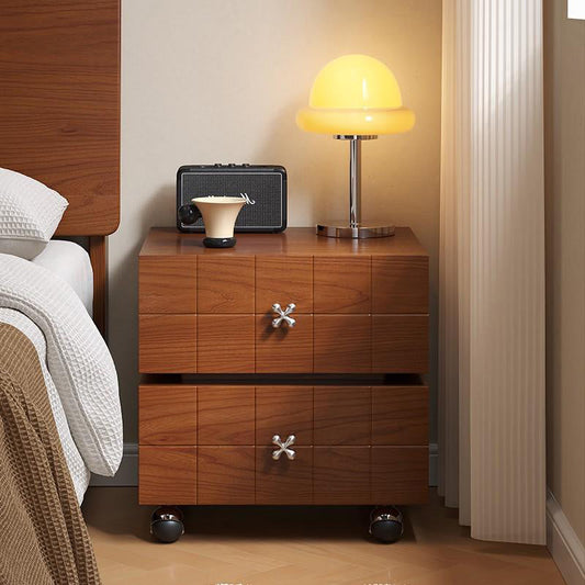 Traditional Vintage Rotatable Rectangular Pine Wood Stainless Steel Movable Nightstand 2-Drawer For Bedroom