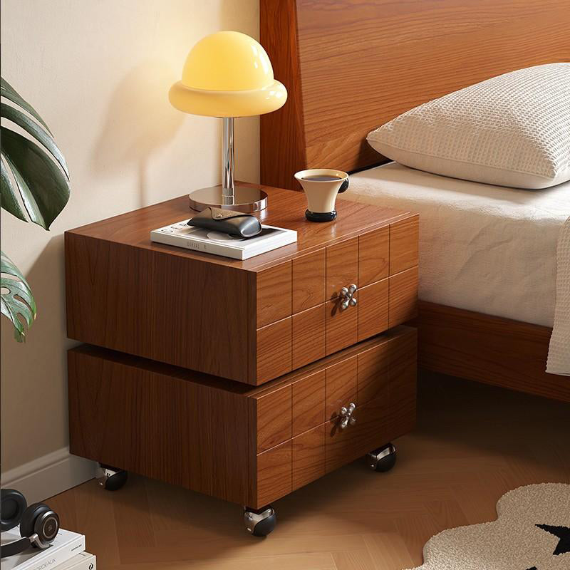 Traditional Vintage Rotatable Rectangular Pine Wood Stainless Steel Movable Nightstand 2-Drawer For Bedroom