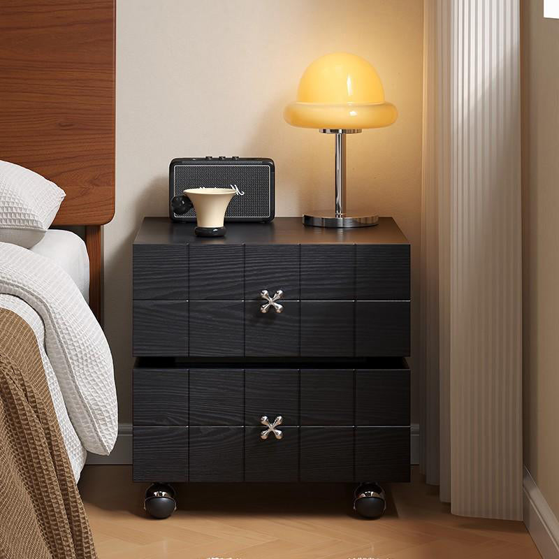 Traditional Vintage Rotatable Rectangular Pine Wood Stainless Steel Movable Nightstand 2-Drawer For Bedroom