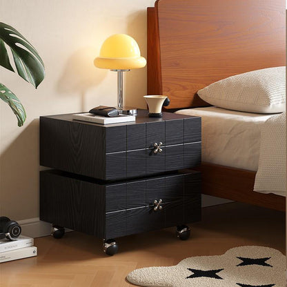 Traditional Vintage Rotatable Rectangular Pine Wood Stainless Steel Movable Nightstand 2-Drawer For Bedroom