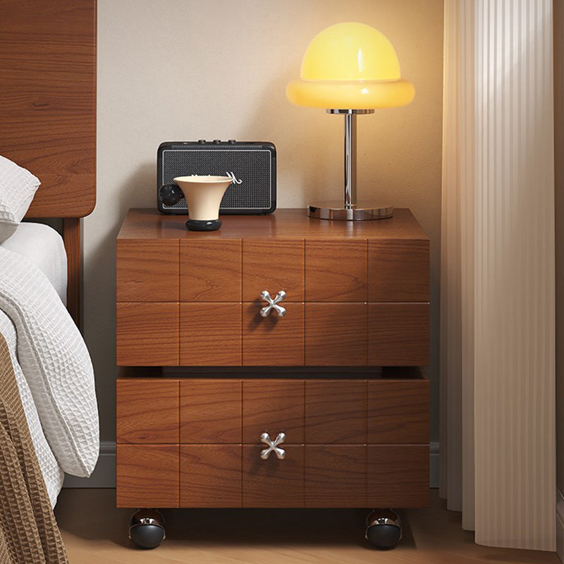 Traditional Vintage Rotatable Rectangular Pine Wood Stainless Steel Movable Nightstand 2-Drawer For Bedroom