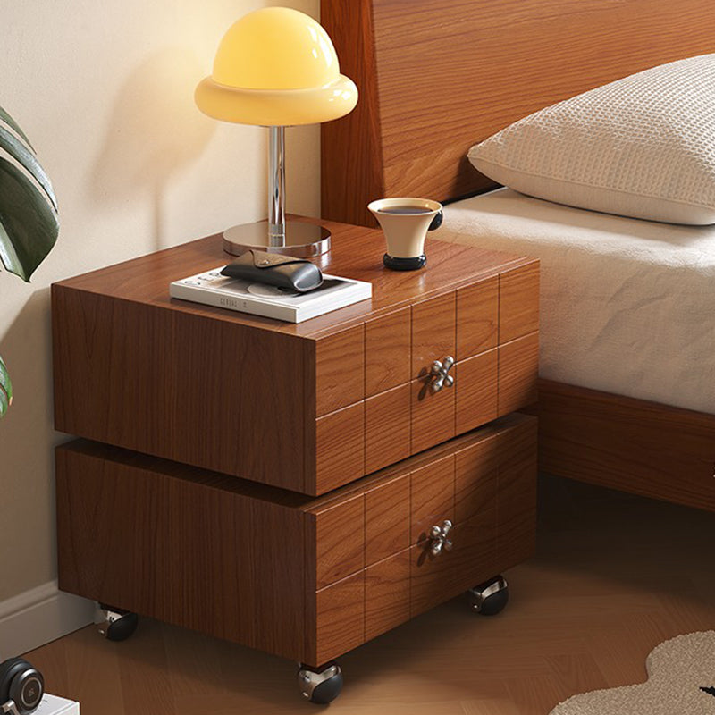 Traditional Vintage Rotatable Rectangular Pine Wood Stainless Steel Movable Nightstand 2-Drawer For Bedroom