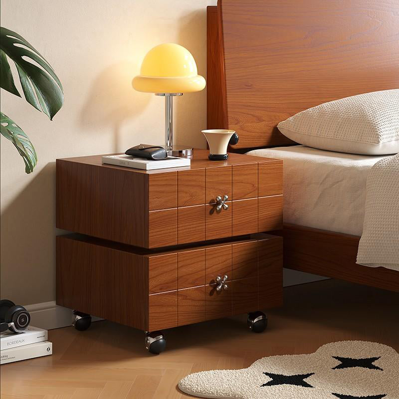 Traditional Vintage Rotatable Rectangular Pine Wood Stainless Steel Movable Nightstand 2-Drawer For Bedroom