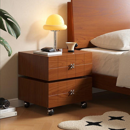 Traditional Vintage Rotatable Rectangular Pine Wood Stainless Steel Movable Nightstand 2-Drawer For Bedroom
