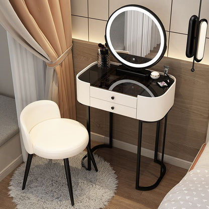 Modern Minimalist Iron Wood Glass PU Leather Rectangular Makeup Vanity & Stool Set With LED Mirror & 2 Drawers For Bedroom