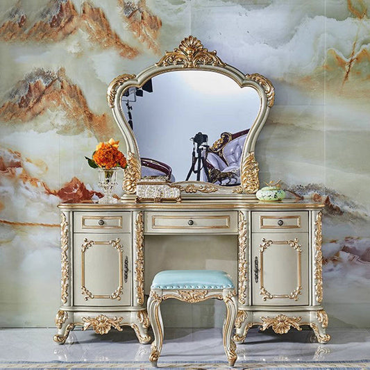 Traditional European Oak Metal Glass PU Leather Rectangular Makeup Vanity & Stool Set With Mirror & 3 Drawers For Bedroom