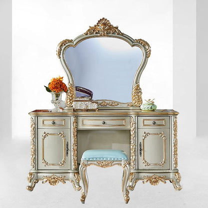 Traditional European Oak Metal Glass PU Leather Rectangular Makeup Vanity & Stool Set With Mirror & 3 Drawers For Bedroom