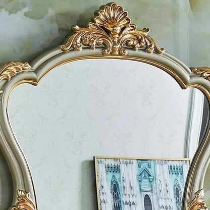 Traditional European Oak Metal Glass PU Leather Rectangular Makeup Vanity & Stool Set With Mirror & 3 Drawers For Bedroom
