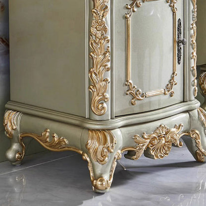Traditional European Oak Metal Glass PU Leather Rectangular Makeup Vanity & Stool Set With Mirror & 3 Drawers For Bedroom