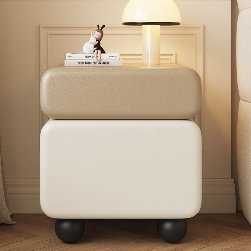Modern Minimalist Wood Microfiber Leather Square Nightstand 2-Drawer For Bedroom