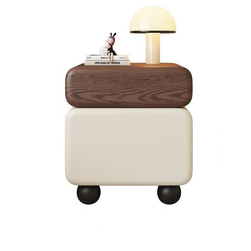 Modern Minimalist Wood Microfiber Leather Square Nightstand 2-Drawer For Bedroom
