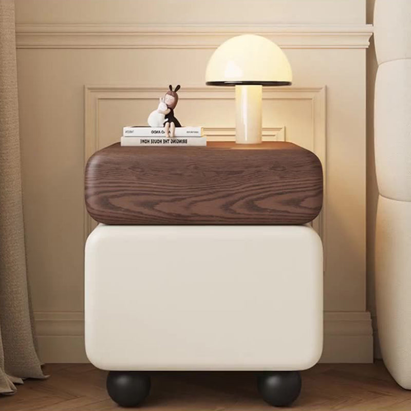 Modern Minimalist Wood Microfiber Leather Square Nightstand 2-Drawer For Bedroom