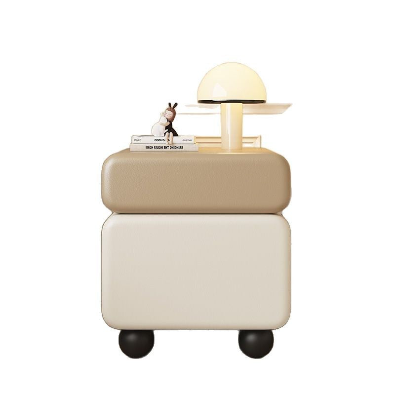 Modern Minimalist Wood Microfiber Leather Square Nightstand 2-Drawer For Bedroom