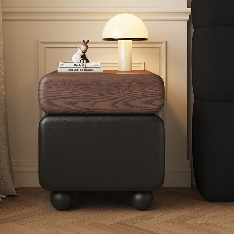 Modern Minimalist Wood Microfiber Leather Square Nightstand 2-Drawer For Bedroom