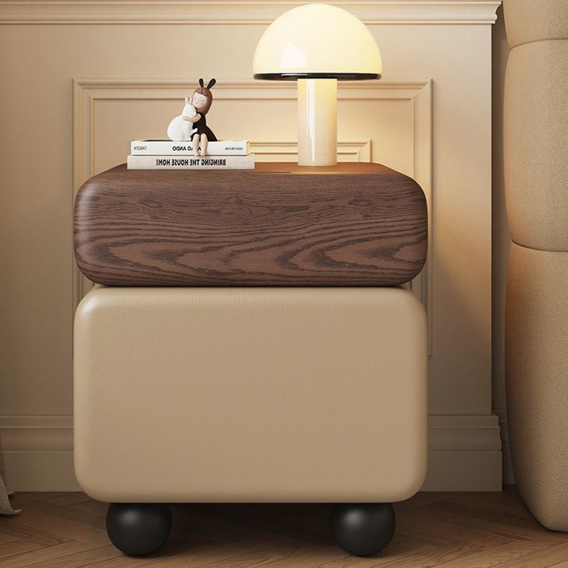 Modern Minimalist Wood Microfiber Leather Square Nightstand 2-Drawer For Bedroom