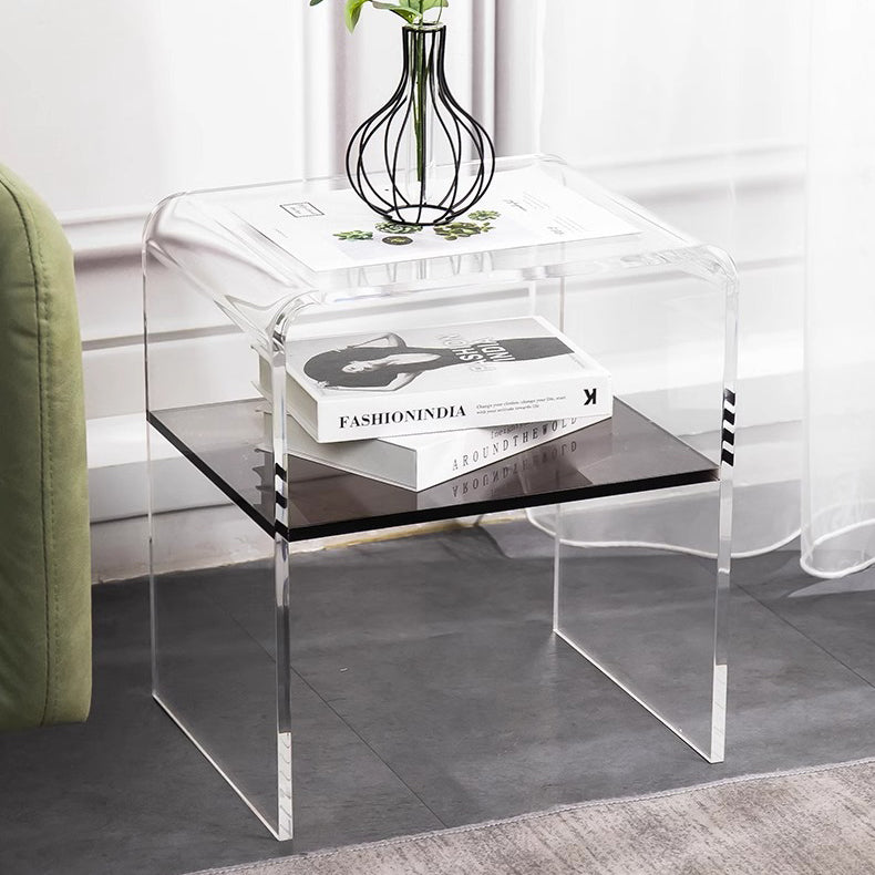 Contemporary Scandinavian Square Curved Acrylic Nightstand 2-Tiers For Bedroom