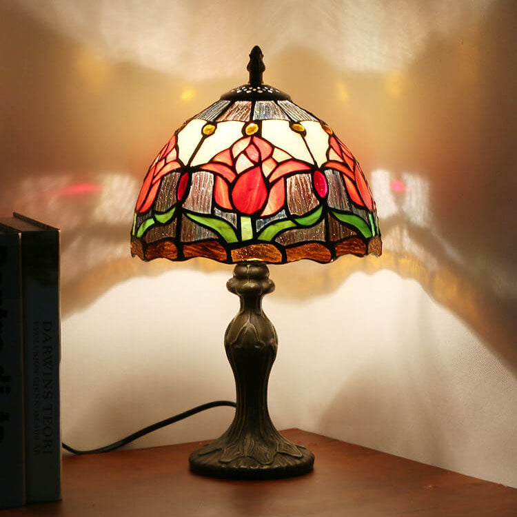 Tiffany Rustic Tulip Stained Glass Round 1-Light Table Lamp