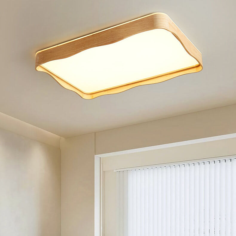 Modern Minimal Wave Rectangular Rubberwood Acrylic LED Flush Mount Lighting