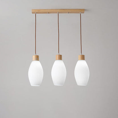 Minimalist Wood Stripes Glass Oval Jar 3-Light Island Light Chandelier