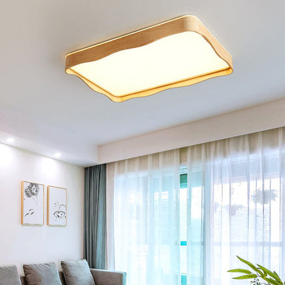 Modern Minimal Wave Rectangular Rubberwood Acrylic LED Flush Mount Lighting