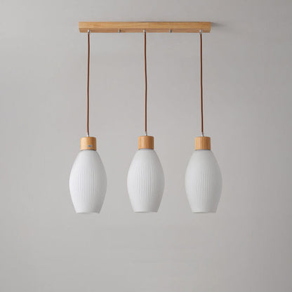 Minimalist Wood Stripes Glass Oval Jar 3-Light Island Light Chandelier