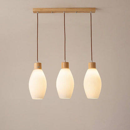 Minimalist Wood Stripes Glass Oval Jar 3-Light Island Light Chandelier