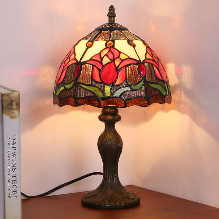 Tiffany Rustic Tulip Stained Glass Round 1-Light Table Lamp