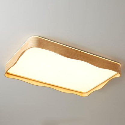 Modern Minimal Wave Rectangular Rubberwood Acrylic LED Flush Mount Lighting