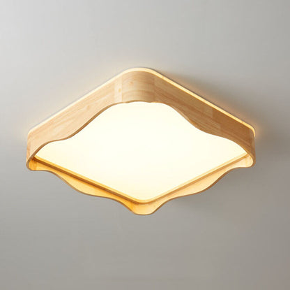 Modern Minimal Wave Rectangular Rubberwood Acrylic LED Flush Mount Lighting