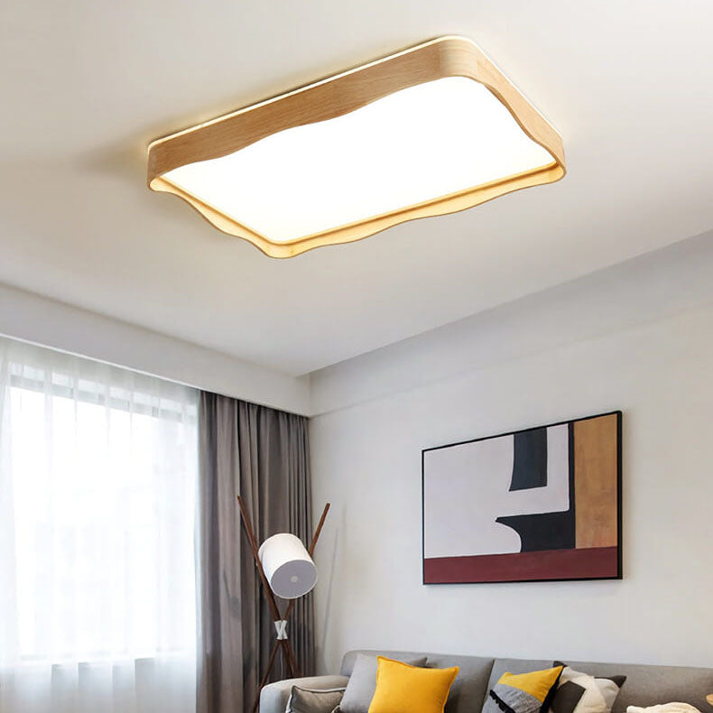 Modern Minimal Wave Rectangular Rubberwood Acrylic LED Flush Mount Lighting