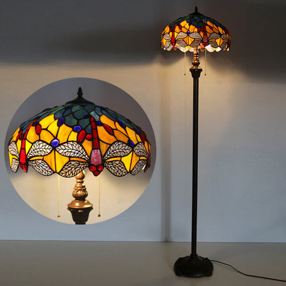 European Vintage Tiffany Dragonfly Glass Resin 2-Light Standing Floor Lamp