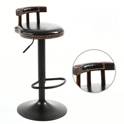 Contemporary Luxury Round Oil-Waxed Leather Iron Bar Stool Backrest Footrest For Dining Room