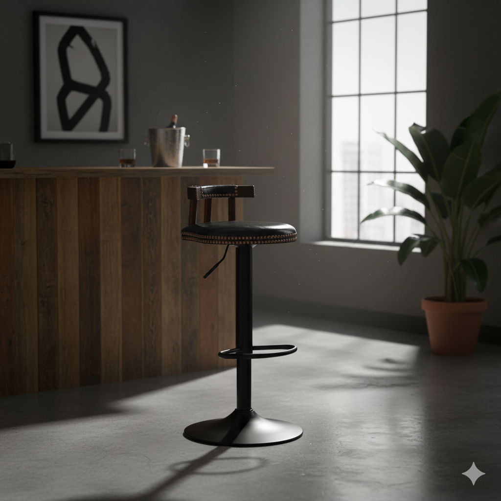 Contemporary Luxury Round Oil-Waxed Leather Iron Bar Stool Backrest Footrest For Dining Room