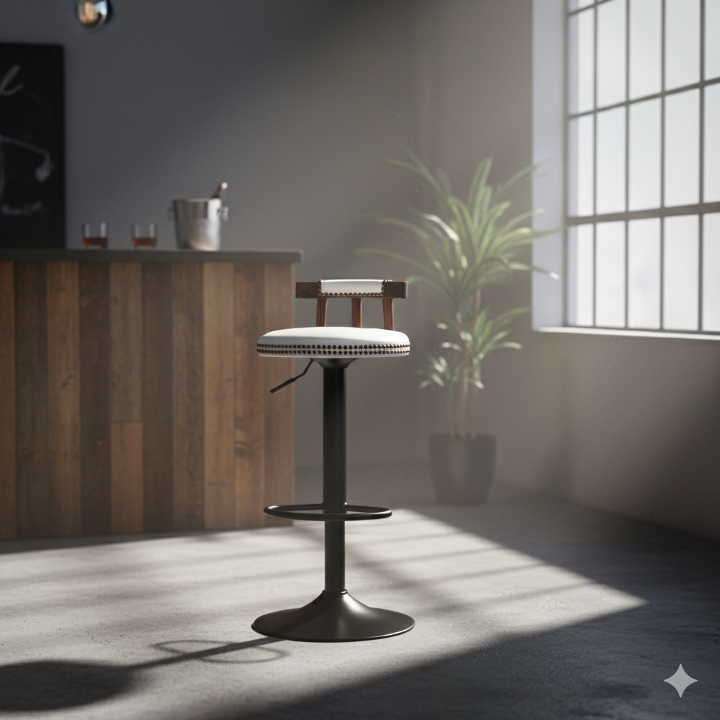 Contemporary Luxury Round Oil-Waxed Leather Iron Bar Stool Backrest Footrest For Dining Room