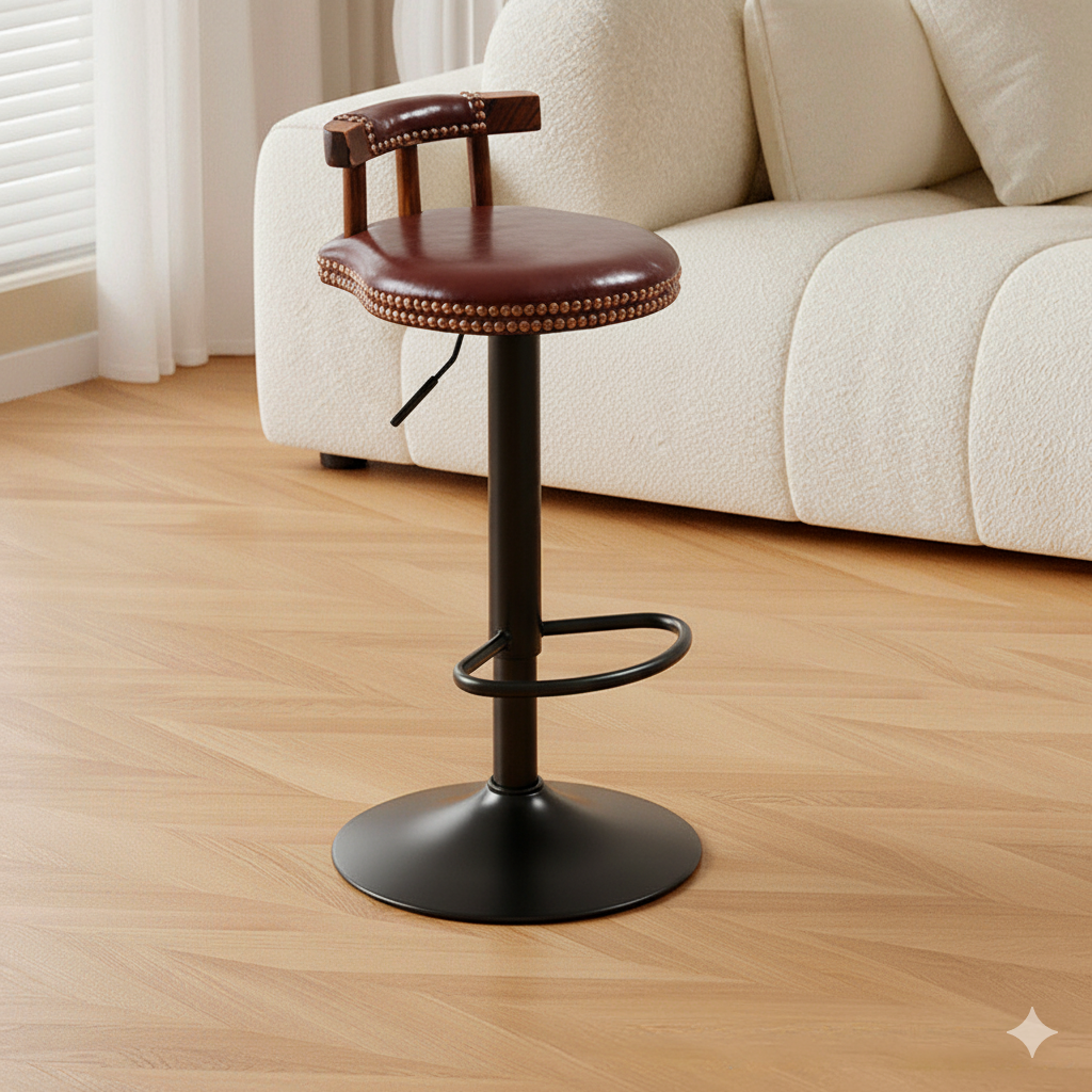 Contemporary Luxury Round Oil-Waxed Leather Iron Bar Stool Backrest Footrest For Dining Room