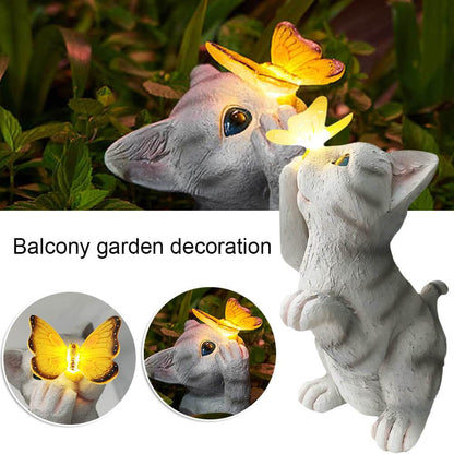 Garden Statue Solar Cat Resin with Butterfly Resin Outdoor Waterproof Decorative LED Night Light