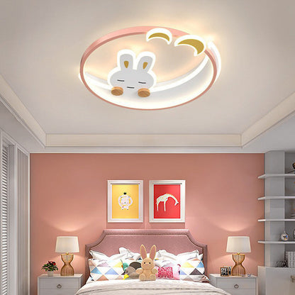 Contemporary Creative Cute Rabbit Iron Round LED Flush Mount Ceiling Light For Bedroom