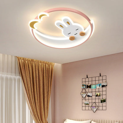 Contemporary Creative Cute Rabbit Iron Round LED Flush Mount Ceiling Light For Bedroom
