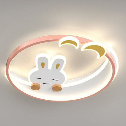 Contemporary Creative Cute Rabbit Iron Round LED Flush Mount Ceiling Light For Bedroom