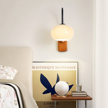 Traditional Vintage Wood Round Glass Shade 1-Light Wall Sconce Lamp For Bedroom
