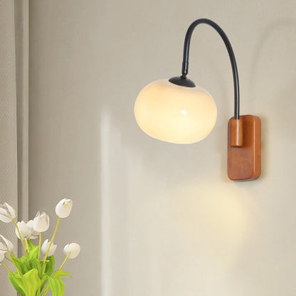 Traditional Vintage Wood Round Glass Shade 1-Light Wall Sconce Lamp For Bedroom