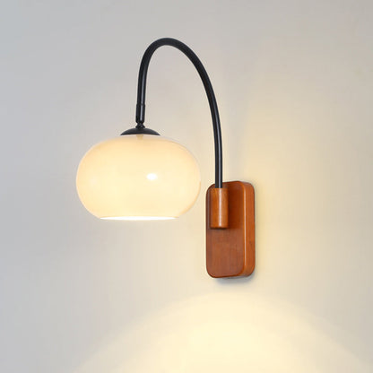 Traditional Vintage Wood Round Glass Shade 1-Light Wall Sconce Lamp For Bedroom