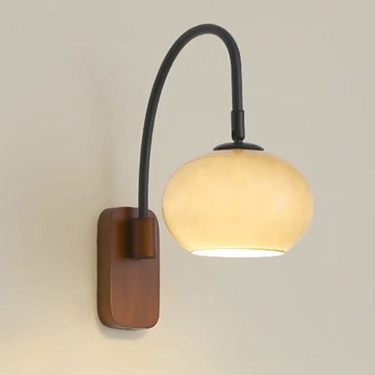 Traditional Vintage Wood Round Glass Shade 1-Light Wall Sconce Lamp For Bedroom
