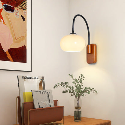 Traditional Vintage Wood Round Glass Shade 1-Light Wall Sconce Lamp For Bedroom